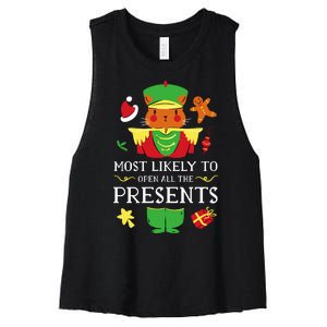 Most Likely To Open All The Presents Funny Christmas Cat Santa Women's Racerback Cropped Tank