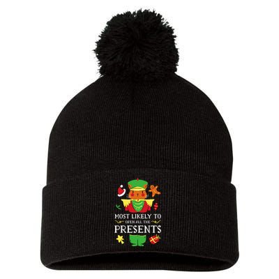 Most Likely To Open All The Presents Funny Christmas Cat Santa Pom Pom 12in Knit Beanie