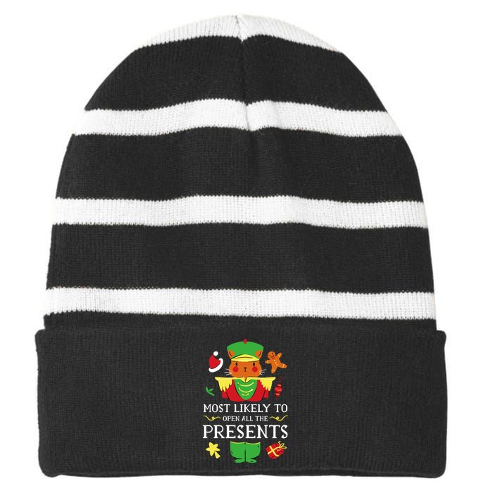 Most Likely To Open All The Presents Funny Christmas Cat Santa Striped Beanie with Solid Band