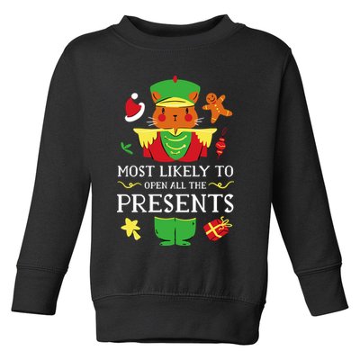 Most Likely To Open All The Presents Funny Christmas Cat Santa Toddler Sweatshirt