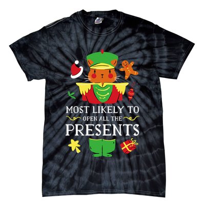 Most Likely To Open All The Presents Funny Christmas Cat Santa Tie-Dye T-Shirt