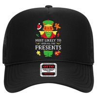 Most Likely To Open All The Presents Funny Christmas Cat Santa Trucker Hat