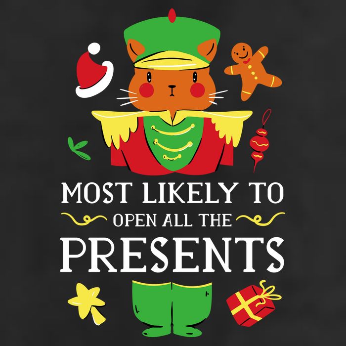 Most Likely To Open All The Presents Funny Christmas Cat Santa Trucker Hat