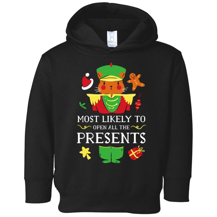 Most Likely To Open All The Presents Funny Christmas Cat Santa Toddler Hoodie