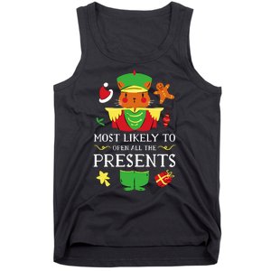 Most Likely To Open All The Presents Funny Christmas Cat Santa Tank Top