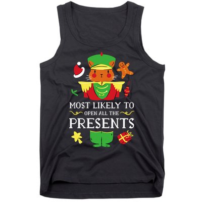 Most Likely To Open All The Presents Funny Christmas Cat Santa Tank Top