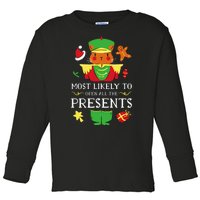 Most Likely To Open All The Presents Funny Christmas Cat Santa Toddler Long Sleeve Shirt