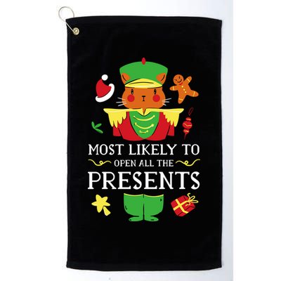 Most Likely To Open All The Presents Funny Christmas Cat Santa Golf Towel