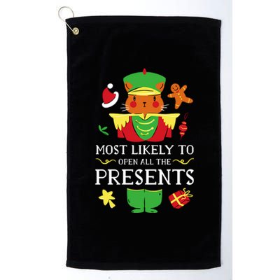 Most Likely To Open All The Presents Funny Christmas Cat Santa Platinum Collection Golf Towel