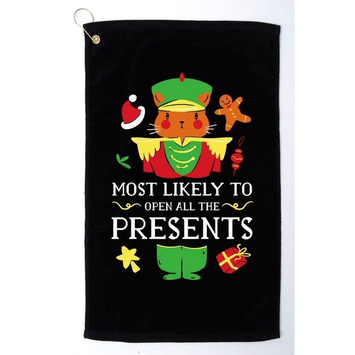 Most Likely To Open All The Presents Funny Christmas Cat Santa Golf Towel