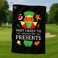 Most Likely To Open All The Presents Funny Christmas Cat Santa Golf Towel