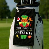 Most Likely To Open All The Presents Funny Christmas Cat Santa Golf Towel