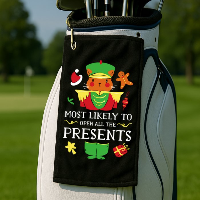 Most Likely To Open All The Presents Funny Christmas Cat Santa Golf Towel
