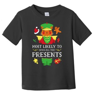 Most Likely To Open All The Presents Funny Christmas Cat Santa Toddler T-Shirt