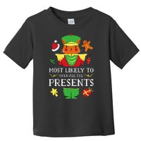 Most Likely To Open All The Presents Funny Christmas Cat Santa Toddler T-Shirt