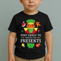Most Likely To Open All The Presents Funny Christmas Cat Santa Toddler T-Shirt