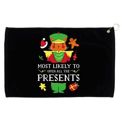 Most Likely To Open All The Presents Funny Christmas Cat Santa Grommeted Golf Towel