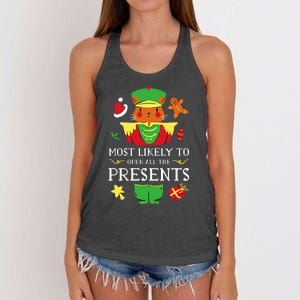 Most Likely To Open All The Presents Funny Christmas Cat Santa Women's Knotted Racerback Tank