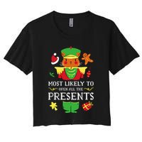 Most Likely To Open All The Presents Funny Christmas Cat Santa Crop Top