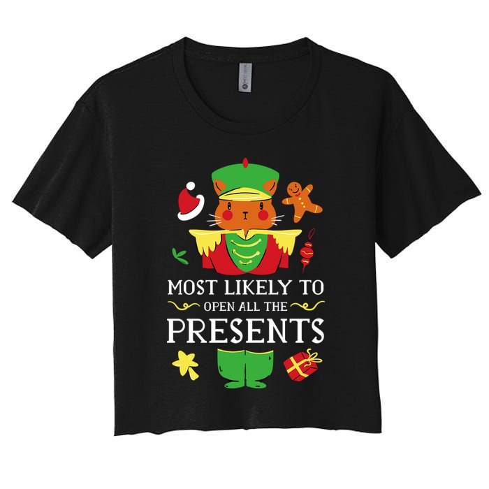 Most Likely To Open All The Presents Funny Christmas Cat Santa Crop Top