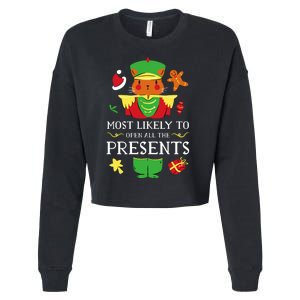 Most Likely To Open All The Presents Funny Christmas Cat Santa Cropped Pullover Crew