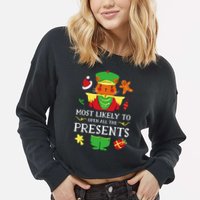 Most Likely To Open All The Presents Funny Christmas Cat Santa Cropped Pullover Crew