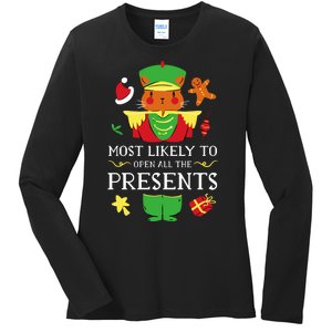 Most Likely To Open All The Presents Funny Christmas Cat Santa Ladies Long Sleeve Shirt