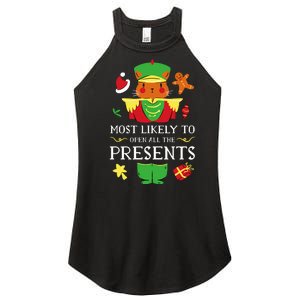 Most Likely To Open All The Presents Funny Christmas Cat Santa Women's Perfect Tri Rocker Tank