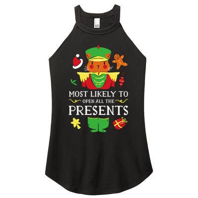 Most Likely To Open All The Presents Funny Christmas Cat Santa Women's Perfect Tri Rocker Tank