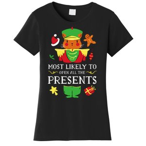 Most Likely To Open All The Presents Funny Christmas Cat Santa Women's T-Shirt