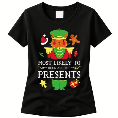 Most Likely To Open All The Presents Funny Christmas Cat Santa Womens T-Shirt