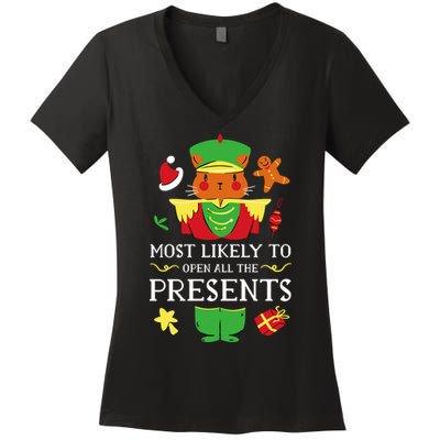 Most Likely To Open All The Presents Funny Christmas Cat Santa Women's V-Neck T-Shirt