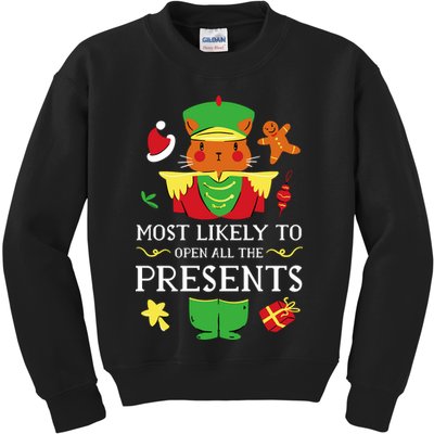 Most Likely To Open All The Presents Funny Christmas Cat Santa Kids Sweatshirt