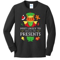 Most Likely To Open All The Presents Funny Christmas Cat Santa Kids Long Sleeve Shirt