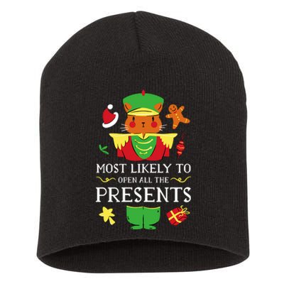 Most Likely To Open All The Presents Funny Christmas Cat Santa Short Acrylic Beanie