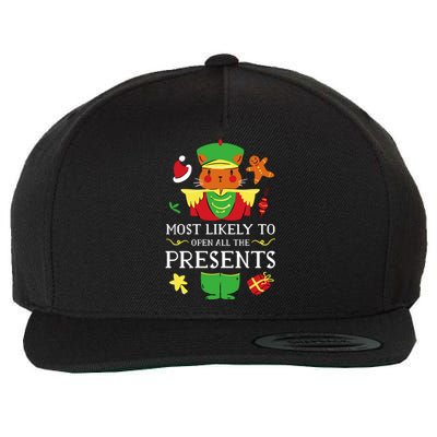 Most Likely To Open All The Presents Funny Christmas Cat Santa Wool Snapback Cap