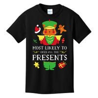 Most Likely To Open All The Presents Funny Christmas Cat Santa Kids T-Shirt