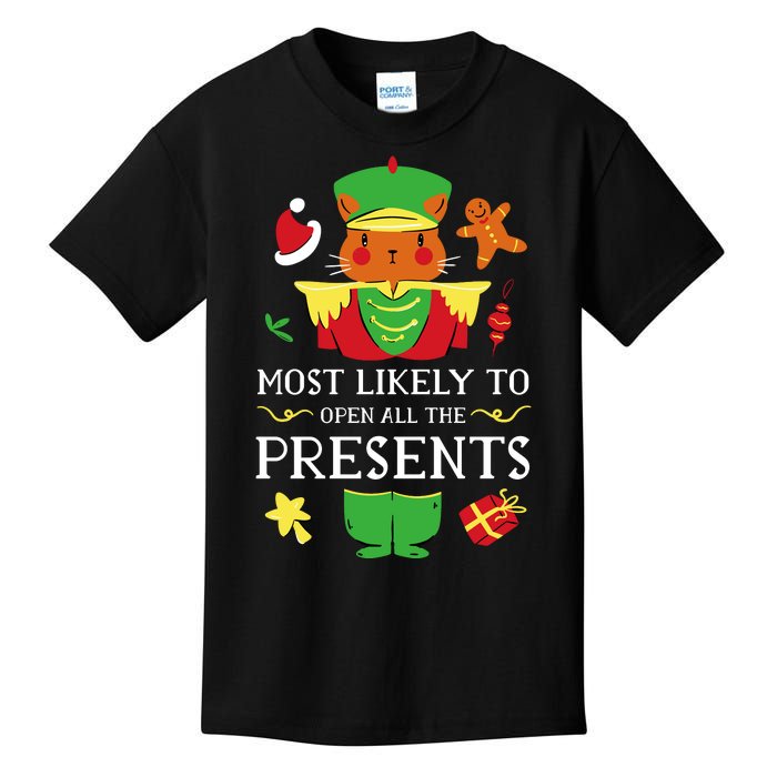 Most Likely To Open All The Presents Funny Christmas Cat Santa Kids T-Shirt