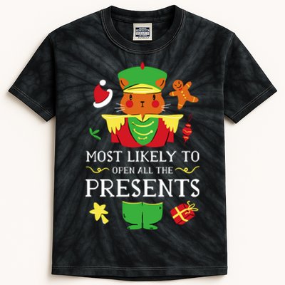 Most Likely To Open All The Presents Funny Christmas Cat Santa Kids Tie-Dye T-Shirt