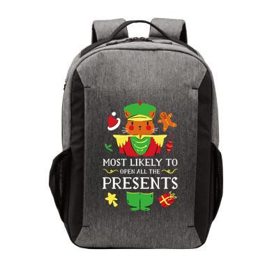 Most Likely To Open All The Presents Funny Christmas Cat Santa Vector Backpack