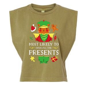 Most Likely To Open All The Presents Funny Christmas Cat Santa Garment-Dyed Women's Muscle Tee