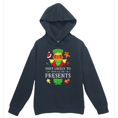 Most Likely To Open All The Presents Funny Christmas Cat Santa Urban Pullover Hoodie