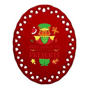 Most Likely To Open All The Presents Funny Christmas Cat Santa Ceramic Oval Ornament