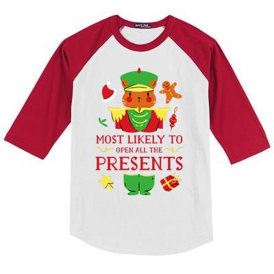 Most Likely To Open All The Presents Funny Christmas Cat Santa Kids Colorblock Raglan Jersey