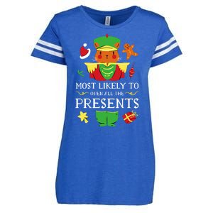 Most Likely To Open All The Presents Funny Christmas Cat Santa Enza Ladies Jersey Football T-Shirt