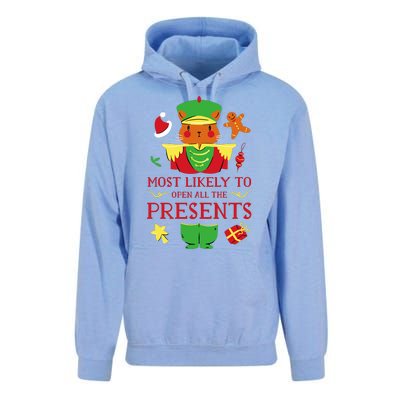 Most Likely To Open All The Presents Funny Christmas Cat Santa Unisex Surf Hoodie