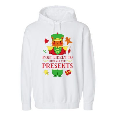 Most Likely To Open All The Presents Funny Christmas Cat Santa Garment-Dyed Fleece Hoodie