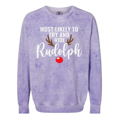 Most Likely To Try Ride Rudolph Funny Couples Christmas Colorblast Crewneck Sweatshirt