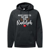 Most Likely To Try Ride Rudolph Funny Couples Christmas Performance Fleece Hoodie