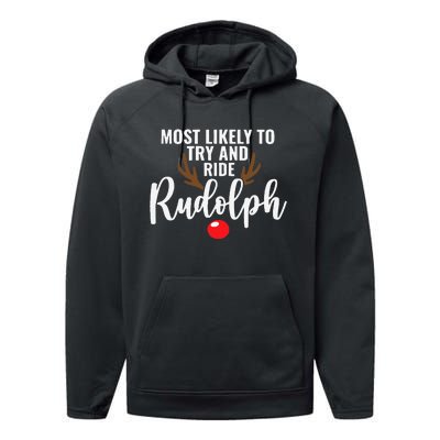 Most Likely To Try Ride Rudolph Funny Couples Christmas Performance Fleece Hoodie